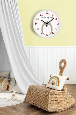Sevimli Kirpi Tasarımlı Çocuk Odası Duvar Saati - 30cm - Önü Camlı Beyaz Kasa - Sessiz Mekanizma