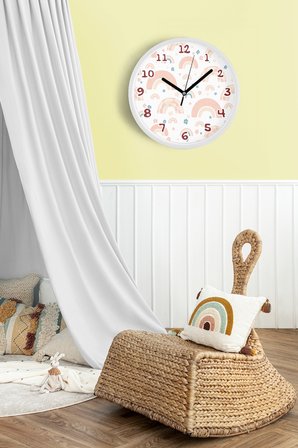 Pastel Gökkuşağı Desenli Çocuk Duvar Saati - 35cm - Önü Camlı Beyaz Kasa - Sessiz Mekanizma