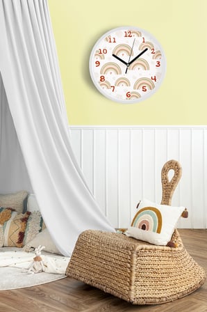Pastel Gökkuşağı Çocuk Odası Duvar Saati - 42cm - Önü Camlı Beyaz Kasa - Sessiz Mekanizma
