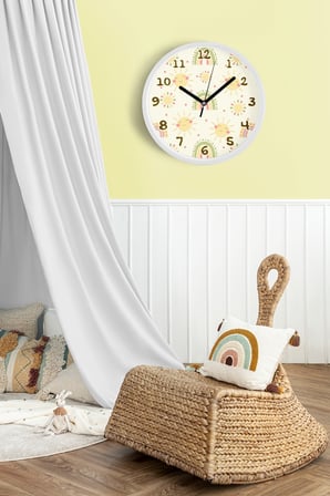 Pastel Güneş ve Gökkuşağı Desenli Çocuk Odası Duvar Saati - 42cm - Sessiz Mekanizma