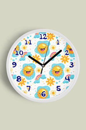 Sevimli Güneş ve Gökkuşağı Çocuk Odası Duvar Saati - 42cm - Önü Camlı Beyaz Kasa - Sessiz Mekanizma