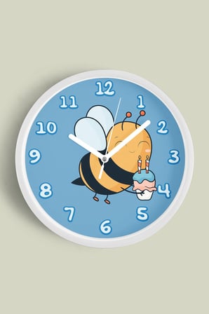 Sevimli Arı Tasarımlı Çocuk Odası Duvar Saati - 35cm - Önü Camlı Beyaz Kasa - Sessiz Mekanizma