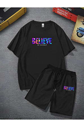 Unisex Believe Baskılı Oversize Bol Kalıp T-shirt Şortlu - Alt Üst Ikili Takım