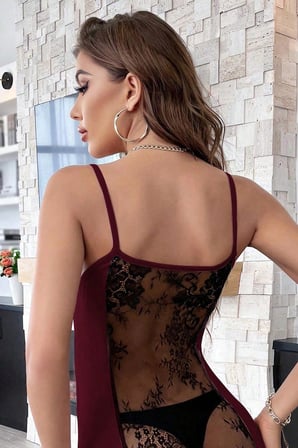 Kadın Bordo Sırt Kısmı Komple Dantelli Mini Gecelik