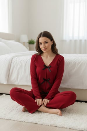 Kadın Bordo Fiyonklu İç Çamaşırı ve Uzun Kollu V Yaka Pijama Takımı 'lü Set