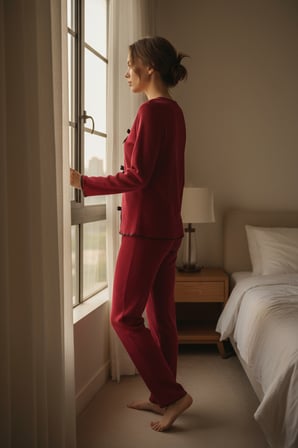 Kadın Bordo Fiyonklu İç Çamaşırı ve Uzun Kollu V Yaka Pijama Takımı 'lü Set