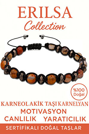 Sertifikalı Terahertz & Karnelyan (Karneol) Akik Bileklik – Cesaret ve Yaşam Enerjisi