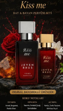 JEVEN BRUS Kiss Me Bay Bayan Parfüm Seti 2x50 ml EDP | Love Me Kadın + Kiss Me Erkek | Orijinal Bandrollü Parfüm Seti | Kalıcı ve Yoğun Koku