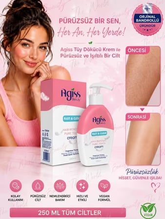 Agis Beauty Fast & Clean Tüy Dökücü Krem 250 ml | Tüm Cilt Tipleri | Nemlendirici Bakım | Vegan Formül | Orijinal Bandrollü