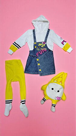 KIZ ÇOCUK ÇANTALI KİLOTLU ÇORAPLI KOT JİLELİ KAPŞONLU 4 PARÇA TAKIM