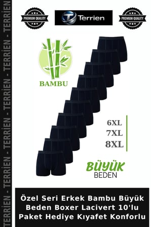 Özel Seri Erkek Bambu Büyük Beden Boxer Lacivert 10'lu Paket Hediye Kıyafet Konforlu