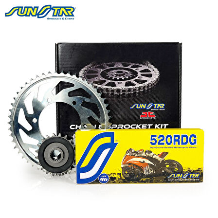 ZİNCİR DİŞLİ SETİ APRILIA PEGASO TRAIL (650 cc)  (2005-2009) / APRILIA / PEGASO TRAIL / 650cc / ZİNCİR: SUNSTAR 520RDG (Çelik)-110 / ÖN-ARKA DİŞLİ: JT (15T-44T) / 2005-2006-2007-2008-2009
