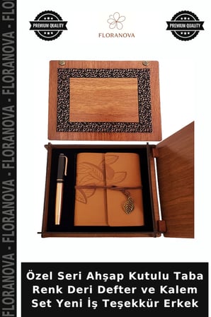 Özel Seri Ahşap Kutulu Taba Renk Deri Defter ve Kalem Set Yeni İş Teşekkür Erkek