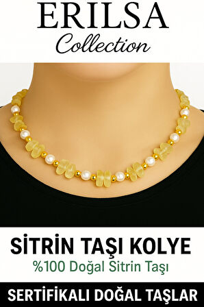Sertifikalı Kırık Taşlı Model İnci – Sitrin Taşı Kolye – Pozitif Enerji ve Bolluk