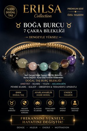 Sertifikalı Boğa Burcu 7 Çakra Doğal Taş Bileklik Ayarlamalı Unisex Premium Hem Bileklik Hem Halhal