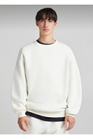 Beyaz Pamuklu Unisex Oversize Basic Bisiklet Yaka Sweatshirt