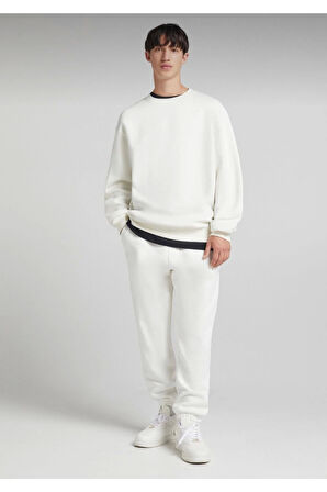 Beyaz Pamuklu Unisex Oversize Basic Bisiklet Yaka Sweatshirt