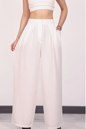 Kadın Beyaz Pile Detaylı Palazzo Pantolon