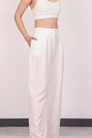 Kadın Beyaz Pile Detaylı Palazzo Pantolon