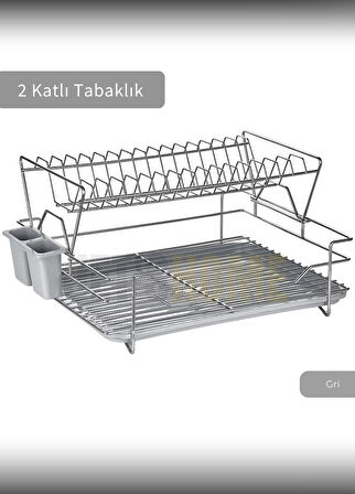 2 Katlı Bulaşıklık Çelik Tezgah Üstü Tabaklık BPA FREE Bulaşık Sepeti Kurutmalık Gri