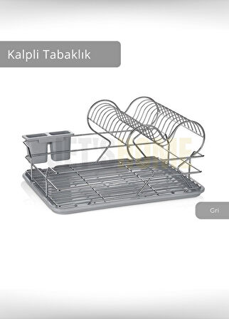 2 Katlı Bulaşıklık Tezgah Üstü Tabaklık BPA FREE Bulaşık Sepeti Kalpli Gri