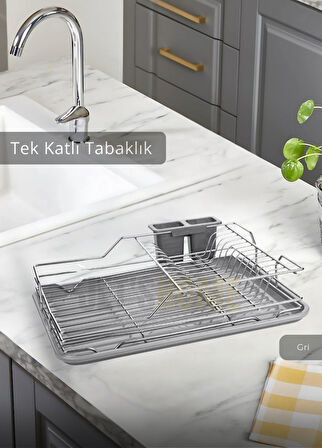 Tek Katlı Bulaşıklık Tezgah Üstü Tabaklık BPA FREE Bulaşık Sepeti Gri