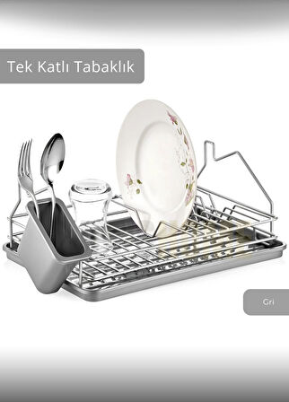 Tek Katlı Bulaşıklık Tezgah Üstü Tabaklık BPA FREE Bulaşık Sepeti Gri