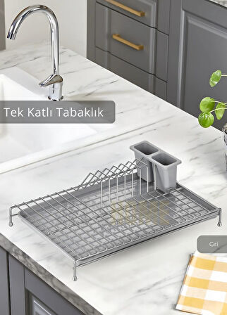 Tek Katlı Bulaşıklık Tezgah Üstü Tabaklık BPA FREE Bulaşık Sepeti Gri