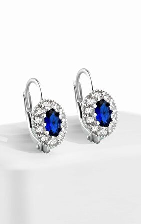 Gümüş oval model  oval safir zirkon taşlı mengeçli küpe