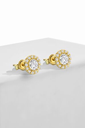 Gümüş  7 mm zirkon taşlı yuvarlak gold küpe