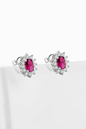 Gümüş Çivili Zirkon Taşlı Anturajlı Safir Oval Küpe