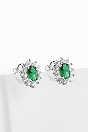 Gümüş Çivili Zirkon Taşlı Anturajlı Safir Oval Küpe
