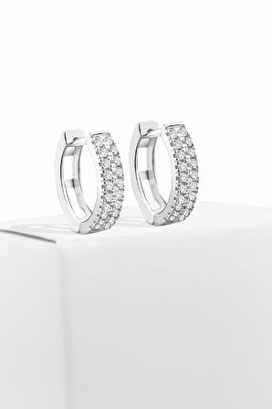 Gümüş 1,3 cm Çift Sıra Zirkon Taşlı Halka Küpe