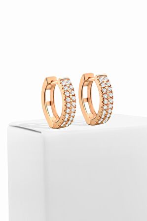 Gümüş 1,3 cm Çift Sıra Zirkon Taşlı Halka Rose Küpe
