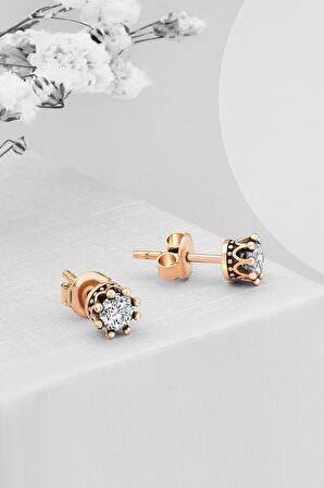Gümüş Taç Model Tek Taş 4.5 mm Çivili rose Küpe