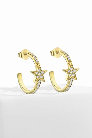 Gümüş zirkon taşlı 1,6 cm sıra taşlı yarım tur gold yıldız küpe