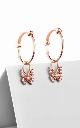 Gümüş zirkon taşlı kelebek model sallantılı rose küpe