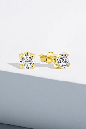 Gümüş Zirkon 5,0 mm Özel Tasarım Tek Taş Pırlanta Montür Gold Küpe