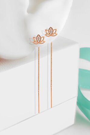 Gümüş zirkon taşlı lotus çiçeği zincirli rose küpe