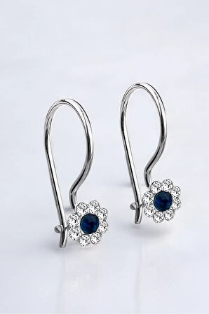 Gümüş 925 Ayar Papatya Model Safir Zirkon Taşlı Çocuk Küpe