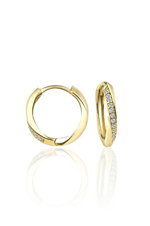 Gümüş 925 Ayar 17 Mm  Şık ve Modern Halka Zirkon Taşlı Gold Küpe