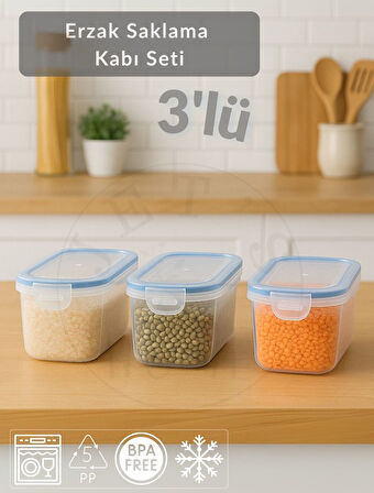 3'lü Set Erzak Kabı Vakumlu Hava Almaz BPA FREE Kilitlenebilir Bakliyat Kabı 1,25 L