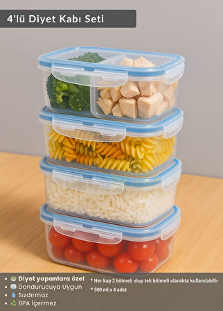 4'lü Diyet Kabı Seti BPA Free Hava Almaz Saklama Kabı Çıkarılabilir Bölmeli Gıda Kutusu 500 ml