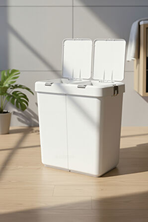 İkili Dokunmatik Çamaşır Sepeti Beyaz-Gri Tuş Temizlik Kovası Kirli Sepeti 80 L