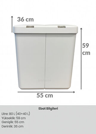 İkili Dokunmatik Çamaşır Sepeti Beyaz-Gri Tuş Temizlik Kovası Kirli Sepeti 80 L