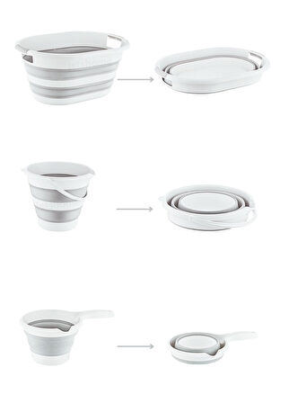 4’lü Katlanabilir Çamaşır Sepeti Seti – 80 Litre Gold/Beyaz Kirli Sepeti, Sele, Su Kovası ve Maşrapa