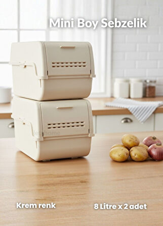 2'li Mini Boy Patates Soğan Sepeti BPA Free Sebzelik Organizer Kutu Motek Krem 8 L