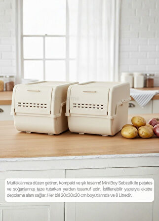 2'li Mini Boy Patates Soğan Sepeti BPA Free Sebzelik Organizer Kutu Motek Krem 8 L