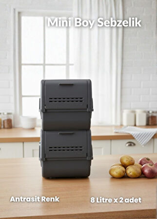 2'li Mini Boy Patates Soğan Sepeti BPA Free Sebzelik Organizer Kutu Motek Antrasit 8 L