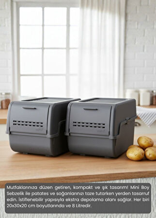 2'li Mini Boy Patates Soğan Sepeti BPA Free Sebzelik Organizer Kutu Motek Antrasit 8 L